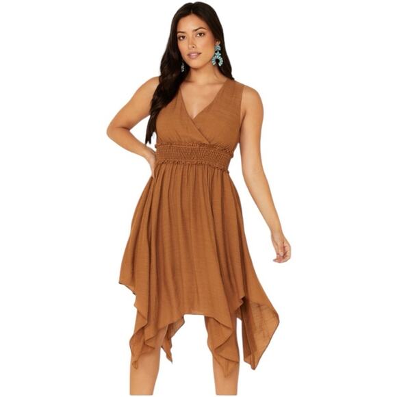 Wishlist Brown Rayon Midi Dress M Sleeveless V-Neck Smocked Waist Boho Hem - Picture 1 of 8